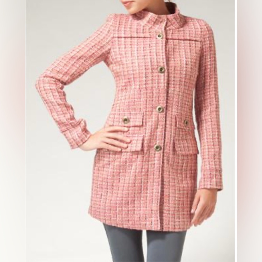 TULLE WOMENS RETRO MANDARIN COLLAR PINK TWEED SIXTIES MOD COAT-S